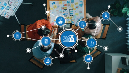 Poster - a diverse team collaborates on tax strategy in a modern office, utilizing visual data tools to enhan