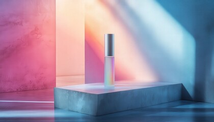 Aufkleber - Colorful light reflections create a serene atmosphere with quartz crystals and a glass vase in an artistic abstract setting