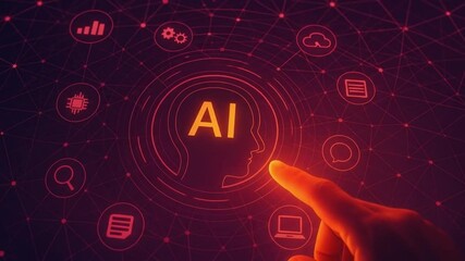 Generative AI and Intelligent Agents – Businessman Interacting with AI Icon Representing Automation, Data Analytics, and Application Network Systems