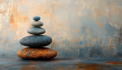 Aufkleber - Balanced arrangement of smooth stones on a textured surface representing tranquility and mindfulness in a serene interior space
