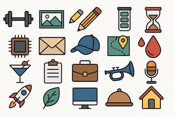 Poster - Colorful Icon Set: A vibrant collection of diverse icons depicting various concepts, including fitness, art, communication, technology, business, and more. Perfect for website design, app development.