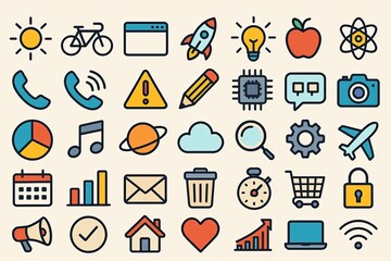 Poster - Icons of Technology: A vibrant collection of technological and lifestyle icons, creatively arranged to illustrate concepts of technology, communication, and daily life.