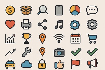 Poster - Colorful Pixel Art Icon Set: Business, Technology, and Social Media Symbols