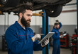 © Selda - A mechanic examines a tablet while working on a car in a modern auto repair shop with a colleague.
