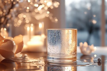 Poster - Clear glass filled with water and bubbles, reflecting soft light in a cozy indoor setting with natural elements and a warm atmosphere