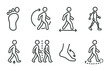 © Sanych - Human motion outline icons set – linear style fitness and exercise symbols for movement analysis: footprint, walking, direction, stride, gait, posture, foot motion, step cycle.