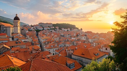 a stunning sunset over the rooftops of a historic coastal town, showcasing warm hues and beautiful a