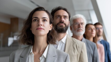 Aufkleber - A group of business people stands together in a sleek office, looking confidently ahead. Their expressions reflect determination and unity as they prepare for an important discussion