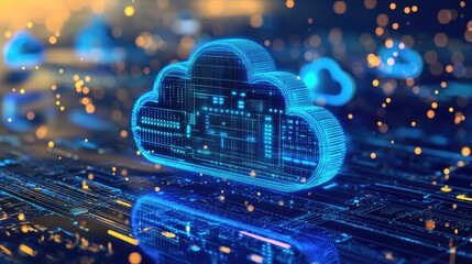 Fototapete - Digital cloud computing concept with illuminated circuit and data particles, ideal for cloud platforms, storage technology, or cybersecurity content
