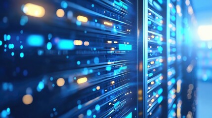 Fototapete - Blurry foreground server panel with glowing blue lights, great for abstract cloud computing visuals, IT service backgrounds, or futuristic network media