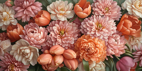 Poster - Close-up of pink and peach flower bouquet, dahlias and tulips, painted texture, conveying elegance, serenity, and natural beauty, ideal for spring or romantic themes