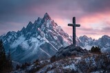 A cross at sunrise over majestic mountains, isolated on a diffrent collers background, symbolizing spirituality and natural beauty.