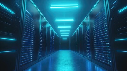Fototapete - Illuminated server corridor with blue lighting, ideal for cybersecurity backgrounds, hosting ads, or futuristic networking visual concepts