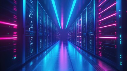 Fototapete - Server hall with glowing blue racks in minimalist setup, great for IT services, network management visuals, and futuristic system architecture