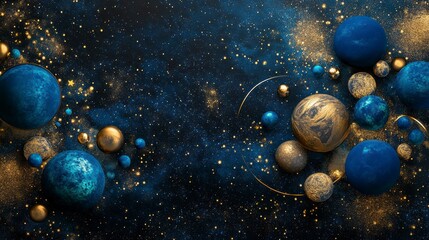 Poster - Abstract cosmic art with blue and gold spheres on dark background.
