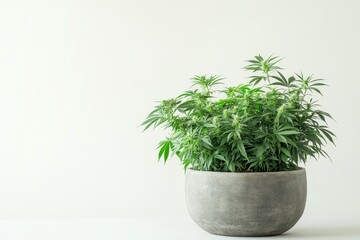 Poster - Indoor cannabis plant growing in a decorative pot under bright light in a minimalist setting showing lush green leaves and healthy growth