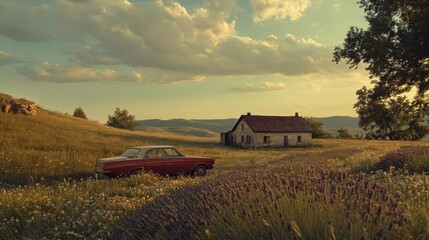 Poster - Lavender fields bathed in orange sunlight with a quaint farmhouse in the background during sunset in Provence, France