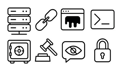 Cybersecurity and tech outline icon set – line style security, technology, and network symbols for it protection: server, link, browser, command, safe, gavel, eye, lock.