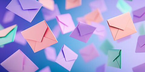 Poster - Pastel-colored envelopes float on a blue background, conveying a sense of lightness, communication, and message delivery