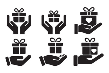 Black silhouette vector set of hands holding gift boxes with ribbon and heart symbols isolated on white background for charity, giving, donation, present icon, customer care, and reward concepts