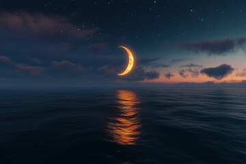 Poster - Crescent moon over calm ocean at night, stars visible in dark sky, orange moon reflection on water surface, serene and peaceful night scene