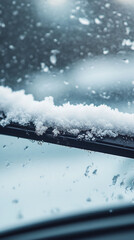 Fototapete - Snow-covered car windshield wiper, showcasing winter weather texture, conveying cold, stillness, and the season's quiet beauty
