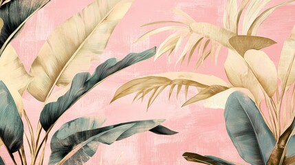 Poster - Pastel pink background with stylized beige and teal tropical banana leaves and palm fronds.