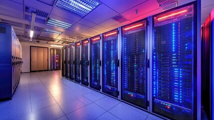Poster - Modern server room filled with illuminated racks and glowing lights, great for IT presentations, network concepts, and cloud data visuals