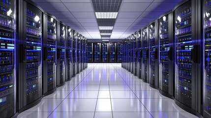 Poster - Brightly lit high-tech server hallway with symmetrical rows of equipment, useful for cloud storage concepts, futuristic interfaces, and data management themes