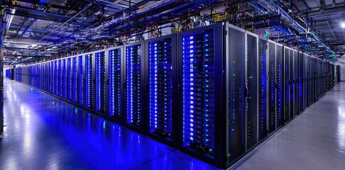 Poster - Blue-lit data center aisle with glowing server racks and overhead cables, great for IT blogs, server infrastructure guides, and cloud-based services