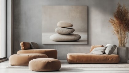 Aufkleber - Stacked stones create a serene focal point against a textured background in a calming indoor environment, emphasizing tranquility and balance in design