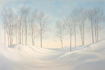 Fototapete - Snowy landscape with leafless trees, depicting a serene winter scene, showcasing tranquility and the beauty of nature's stillness