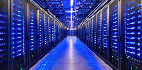Poster - Server hallway with illuminated racks and overhead lighting, ideal for IT management, cloud infrastructure visuals, and advanced data processing themes