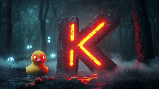 Dark and mysterious glowing K letter with a yellow duck
