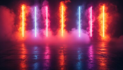 Fototapete - Colorful light beams illuminate a foggy space during an artistic event at an indoor venue in the evening hours, creating a vibrant atmosphere perfect for performances