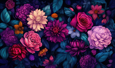 Poster - Vibrant floral arrangement featuring various colorful flowers and lush green leaves.
