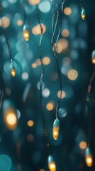Leinwandbilder - Teal background with glowing lights hanging from thin, curved wires, creating a dreamy, ethereal ambiance suggesting magic or tranquility