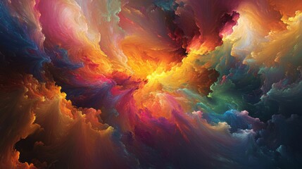 Poster - Vibrant, swirling nebula-like abstract painting with fiery orange, deep red, and cool blue hues.