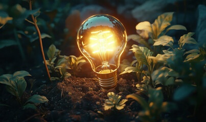 Poster - glowing light bulb surrounded by lush green plants in natural setting.