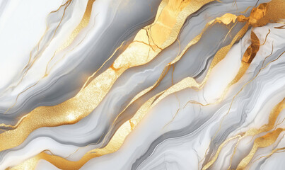 Poster - Elegant gray and gold marble texture with flowing patterns and shimmering details.