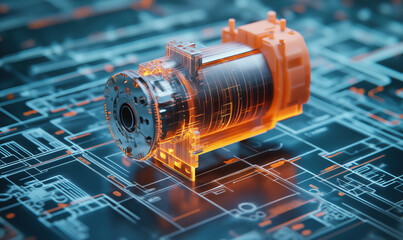 Poster - 3D rendering of electric motor on digital blueprint background with glowing elements.