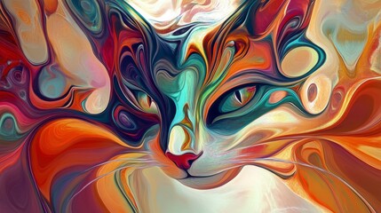 Poster - Abstract colorful cat portrait with swirling paint textures.