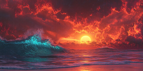 Aufkleber - Ocean wave crashes on beach at fiery sunset, vibrant colors, dramatic sky, powerful nature scene, evokes feelings of awe and wonder