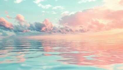 Fototapete - Tranquil waters reflect pastel clouds during sunset over a serene ocean landscape, creating a calming atmosphere and stunning colors