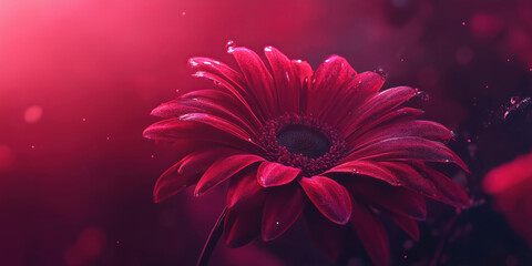 Poster - Vibrant red gerbera daisy with water droplets against a soft pink background.