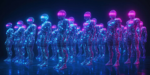 Poster - Futuristic digital humanoid figures illuminated in neon colors standing in formation.