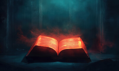 Poster - Glowing ancient book surrounded by mystical fog in dark environment.