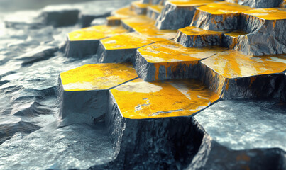 Poster - Textured hexagonal rock formations with vibrant yellow and gray surfaces.