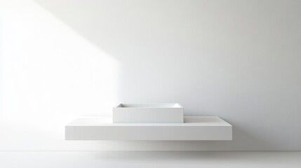 Poster - Minimalist white square sink on shelf against white wall, sunlit.