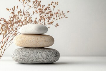Aufkleber - Decorative arrangement of smooth stones with delicate white flowers on a neutral background for modern interior design inspiration